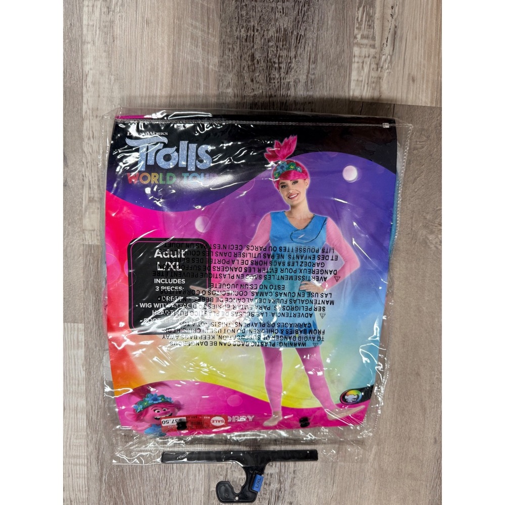 Trolls World Tour Poppy Adult Costume L/XL 3 Piece Set Dress Wig Tights NEW